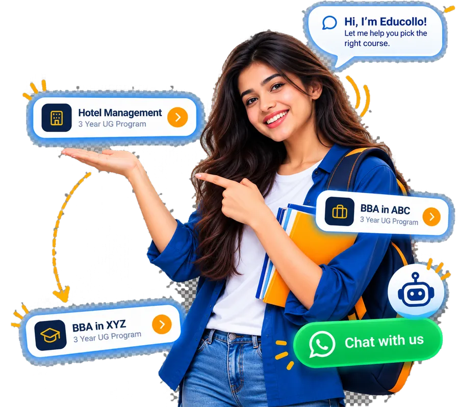 Educollo student pointing to B.Com and Hotel Management programs, with the Educollo assistant offering to help pick the right course